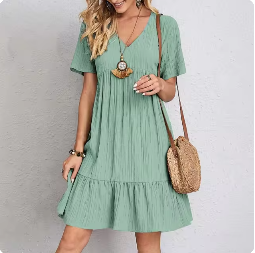 Vestido Midi de Gola V em Cor Sólida – Elegância Minimalista Feminina