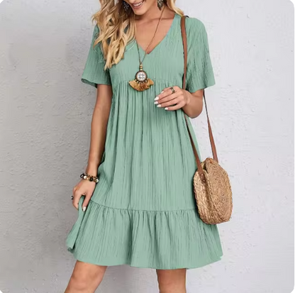 Vestido Midi de Gola V em Cor Sólida – Elegância Minimalista Feminina