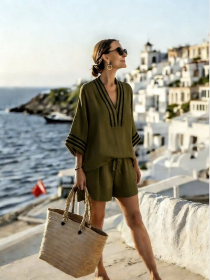 Conjunto Feminino de Verão 2 Peças com Manga Curta e Shorts com Bolsos