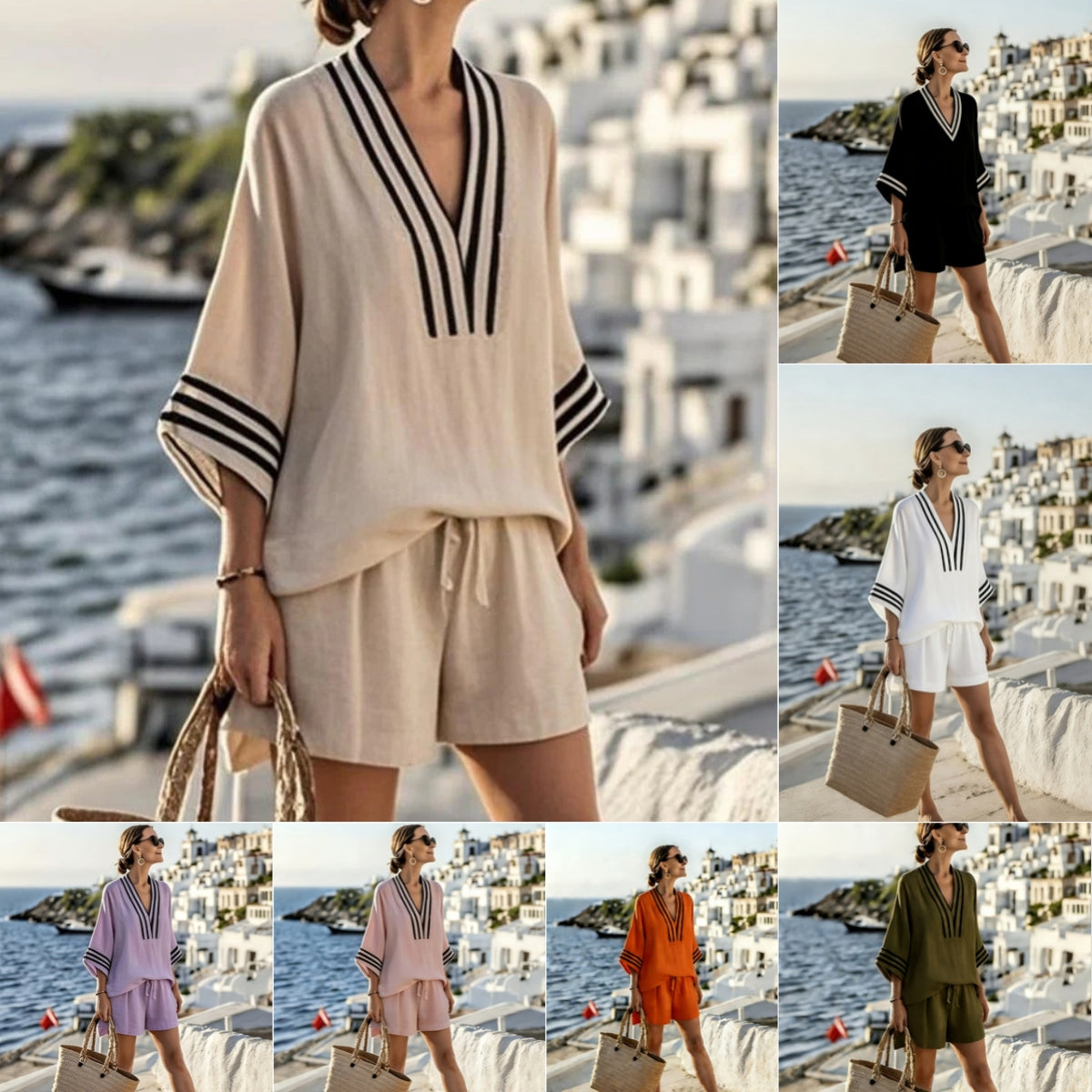 Conjunto Feminino de Verão 2 Peças com Manga Curta e Shorts com Bolsos