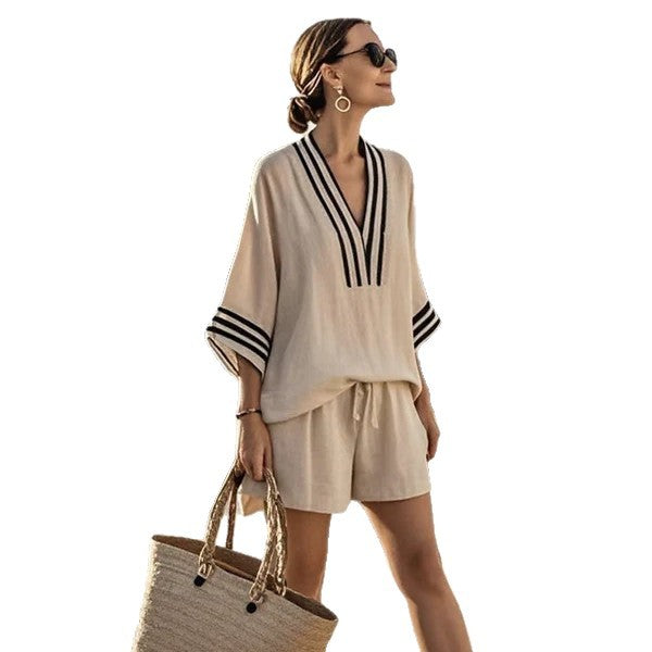 Conjunto Feminino de Verão 2 Peças com Manga Curta e Shorts com Bolsos