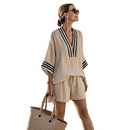 Conjunto Feminino de Verão 2 Peças com Manga Curta e Shorts com Bolsos