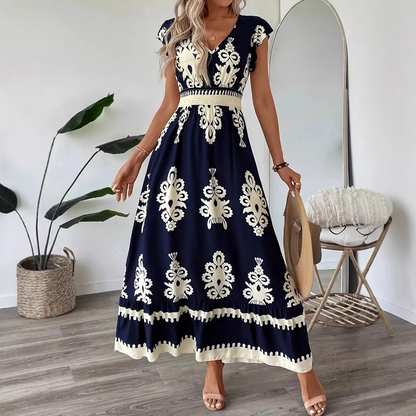 Vestido de Férias A-Line com Decote em V e Manga Capa com Babados