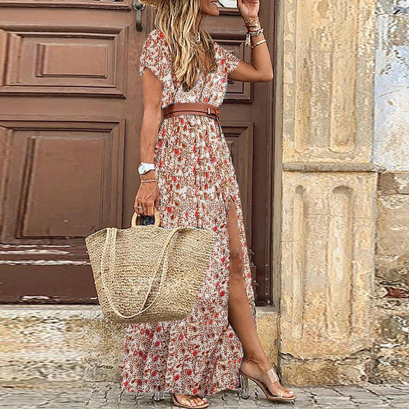 Vestido Boho Floral com Decote em V – Estilo Romântico e Fluido
