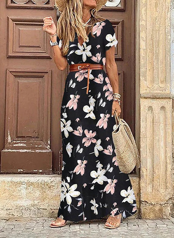 Vestido Boho Floral com Decote em V – Estilo Romântico e Fluido