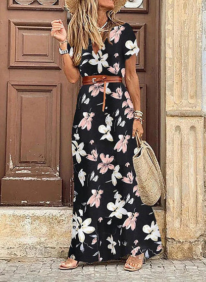 Vestido Boho Floral com Decote em V – Estilo Romântico e Fluido
