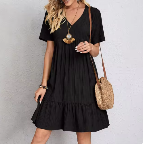 Vestido Midi de Gola V em Cor Sólida – Elegância Minimalista Feminina