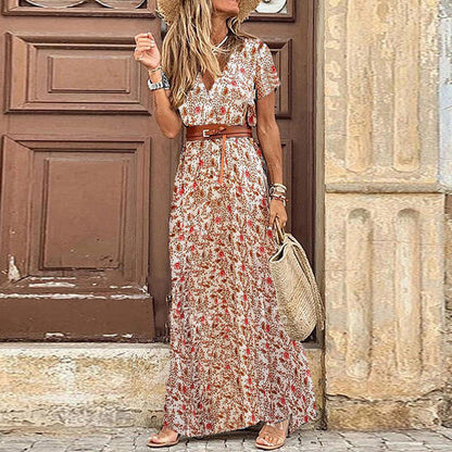 Vestido Boho Floral com Decote em V – Estilo Romântico e Fluido