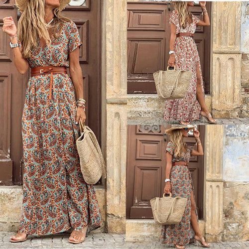 Vestido Boho Floral com Decote em V – Estilo Romântico e Fluido