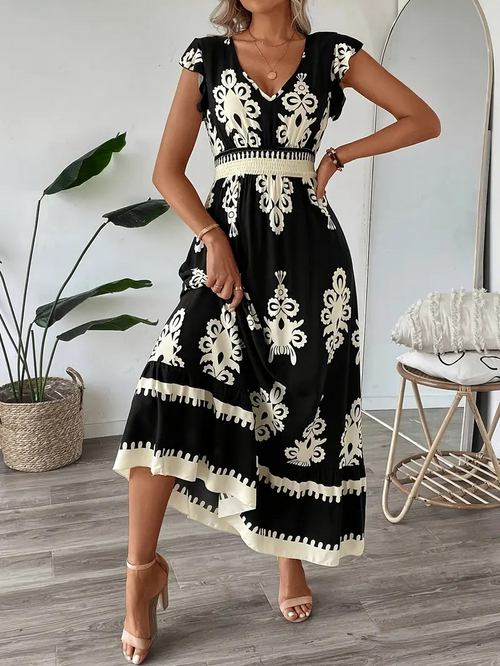 Vestido de Férias A-Line com Decote em V e Manga Capa com Babados