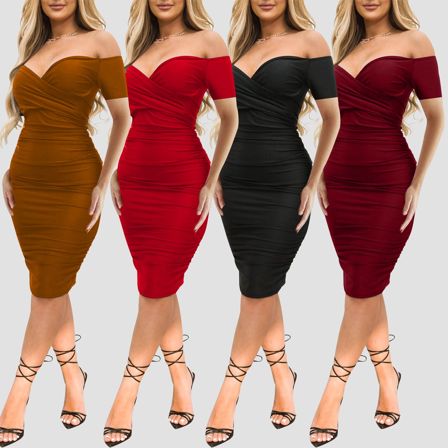 Vestido Feminino com Ombros à Mostra e Manga Curta – Estilo Casual Elegante