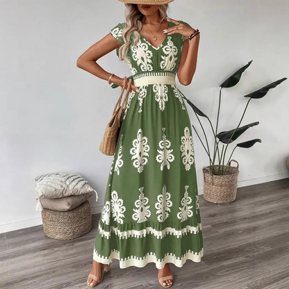 Vestido de Férias A-Line com Decote em V e Manga Capa com Babados
